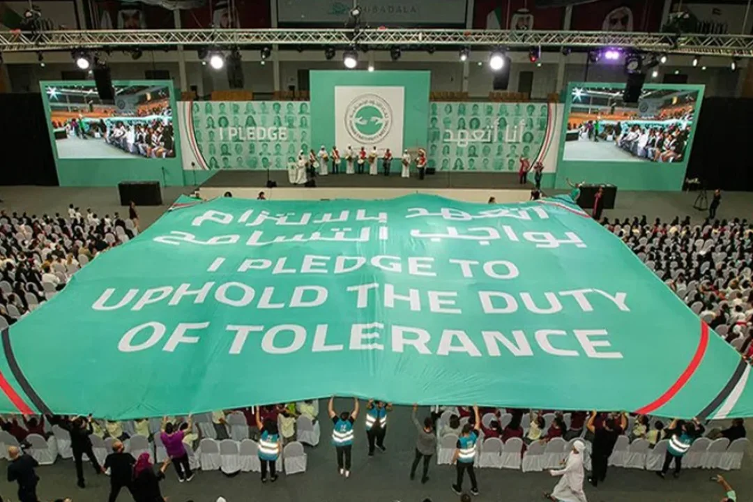 Evolution Scenic integrated stage and branded backdrop for the Youth Tolerance Rally in Abu Dhabi.