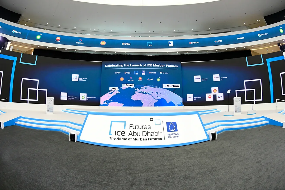 Evolution Scenic fabricated stage fascia carrying ICE Futures Abu Dhabi identity graphics.