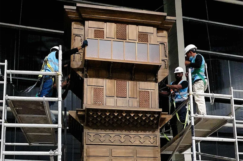 Tall joinery unit positioned beside a mocked-up lift opening showing tight height and width clearances.