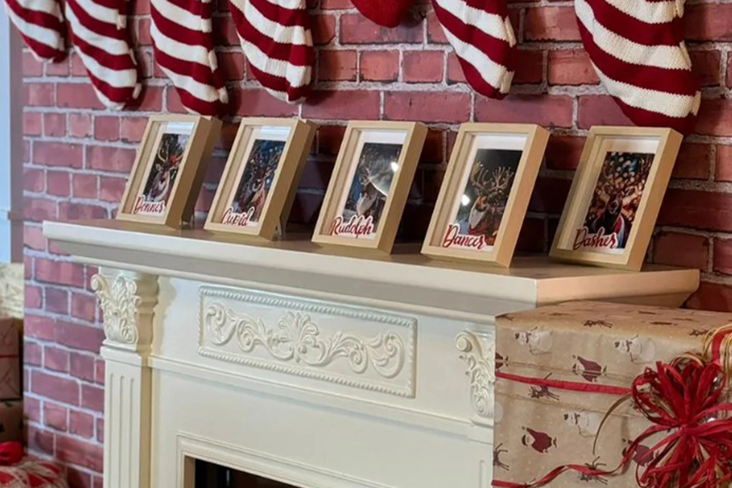 Festive interior joinery with red curtains, shelving, props and painted scenic finishes.