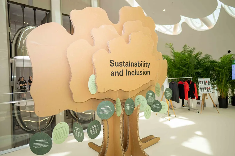 Layered freestanding sustainability feature fabricated by Evolution Scenic