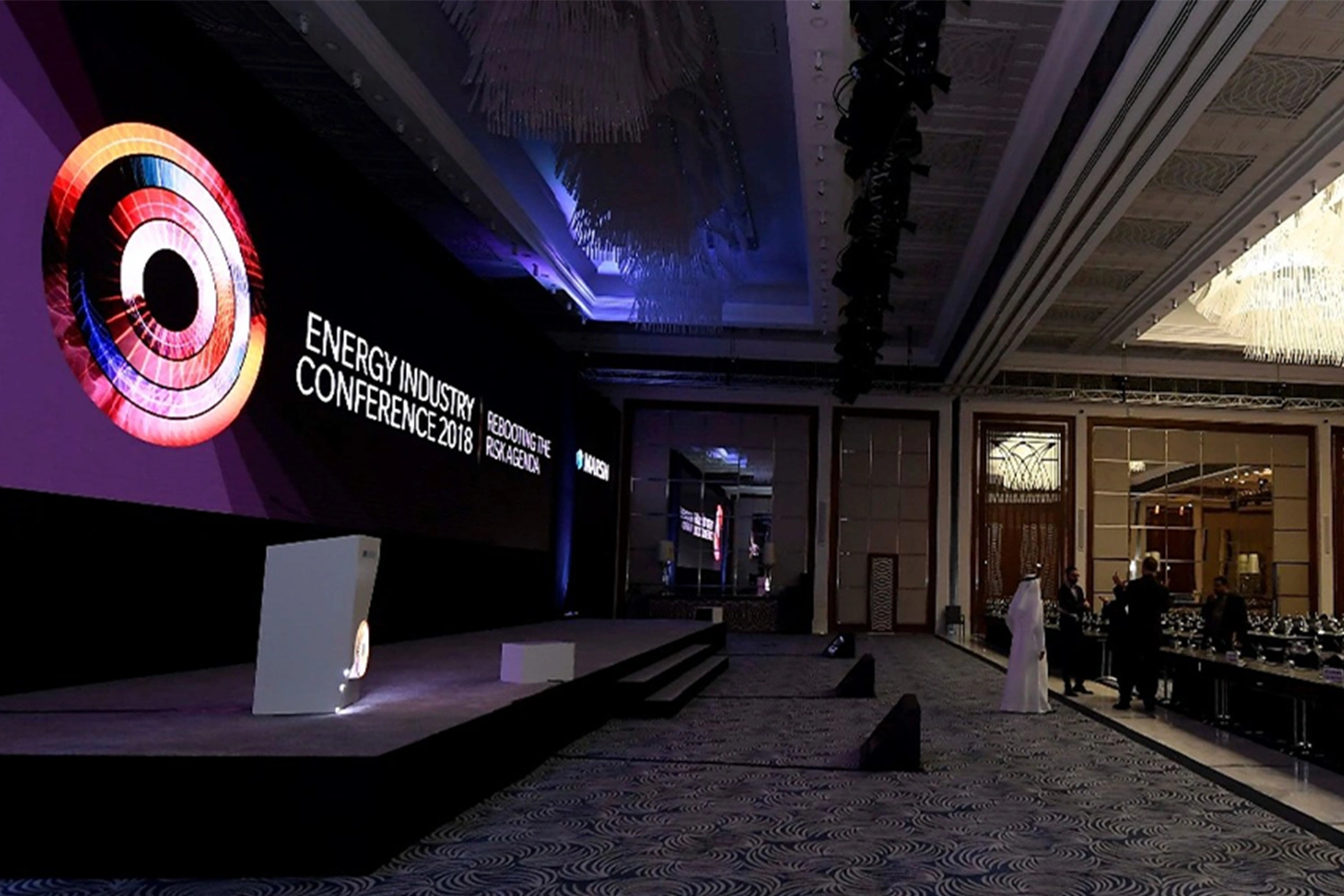 Evolution Scenic fabricated custom stage and black scenic backdrop for the Marsh conference in Dubai.