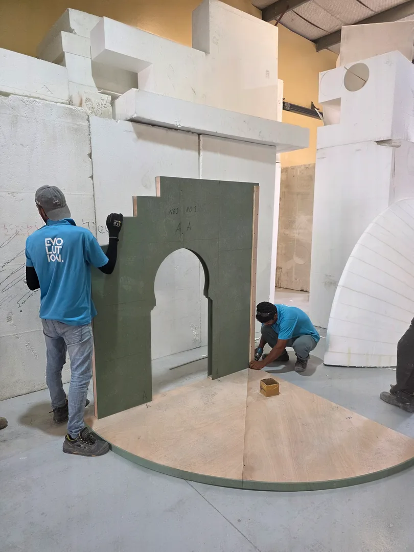 Workshop pre-assembly of broadcast scenery reducing corrective work during the limited studio installation window.