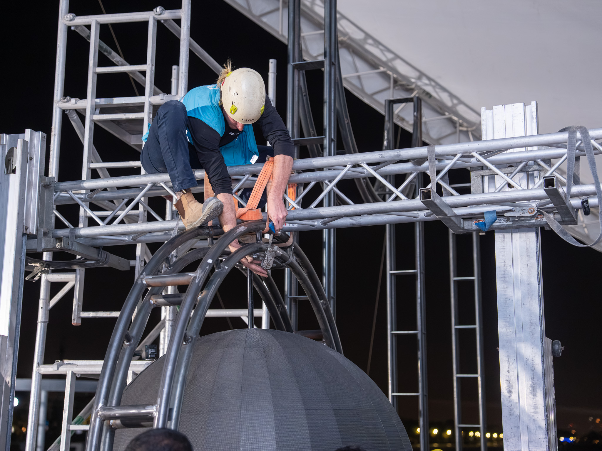 Scenic steel frame engineered to support cladding, lighting and integrated technical equipment
