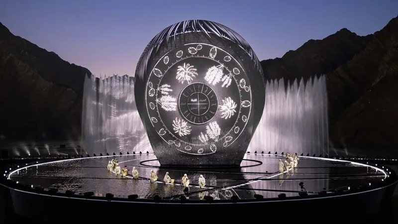 Illuminated architectural replicas rising in synchronisation from the central stage feature.