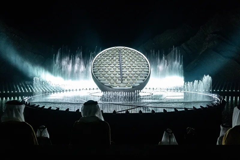 Evolution Scenic illuminated lightbox structures forming the Golden Jubilee performance climax.