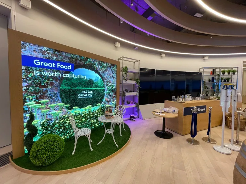 Bespoke timber structures with MDF cladding forming part of the UK Pavilion interior fit-out.