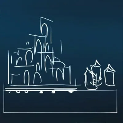 Hand-drawn concept sketch of a scenic structure with tiered architectural facades.