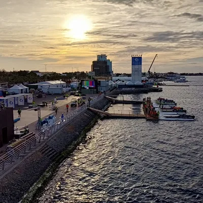 Temporary event infrastructure beside a waterfront venue