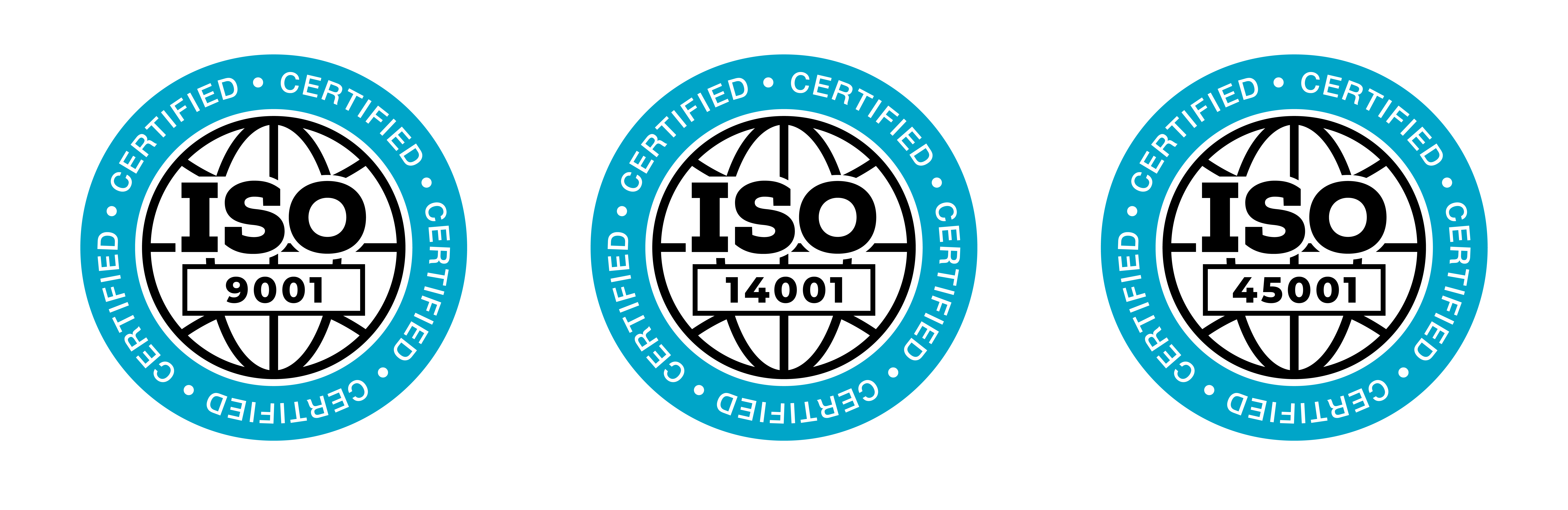 ISO 9001, ISO 14001 and ISO 45001 certification badges