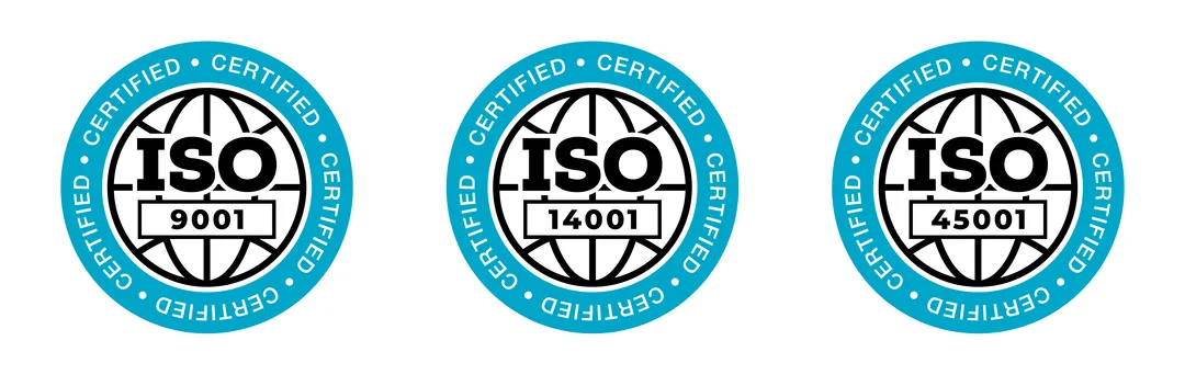 ISO 9001, ISO 14001 and ISO 45001 certification badges