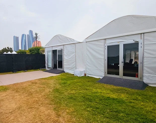 Temporary event structures with enclosed site offices