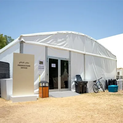 Temporary production office structure on an event site