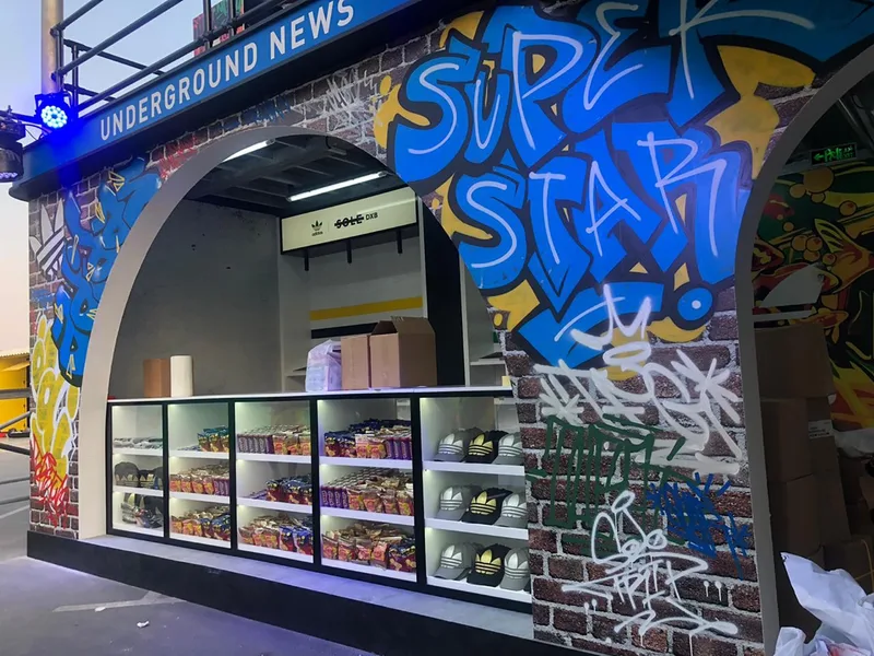 Adidas footwear display inside the Sole DXB pavilion with graffiti artwork and Underground-inspired retail styling