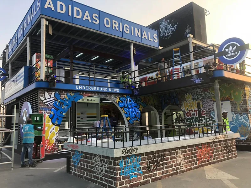 Adidas Originals pavilion entrance at Sole DXB with urban graphics, retail frontage and branded experiential design