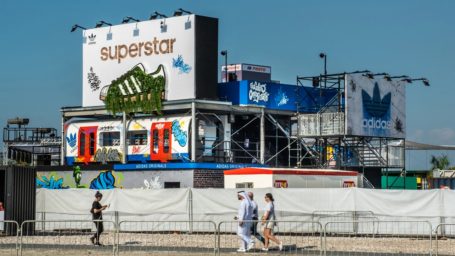 Large Adidas Originals brand pavilion at Sole DXB Dubai with retail spaces, scenic graphics and multi-level event structure