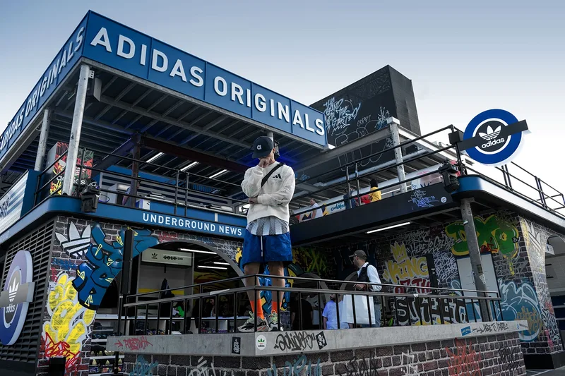 Adidas Originals experiential pavilion at Sole DXB with branded terrace, urban scenic design and guest viewing area