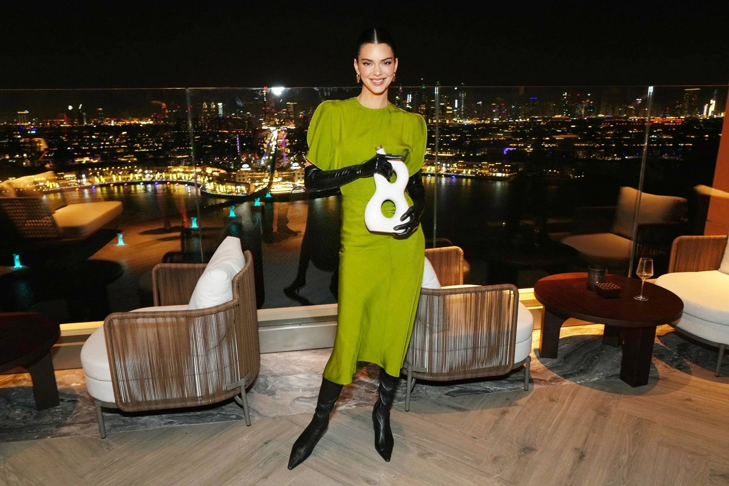 Kendall Jenner at Atlantis The Royal in Dubai during the 818 Tequila activation with VIP terrace seating and skyline views