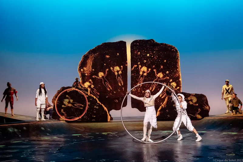 Cirque du Soleil acrobatic performance in Riyadh with circular apparatus, large scenic backdrop and theatrical stage production