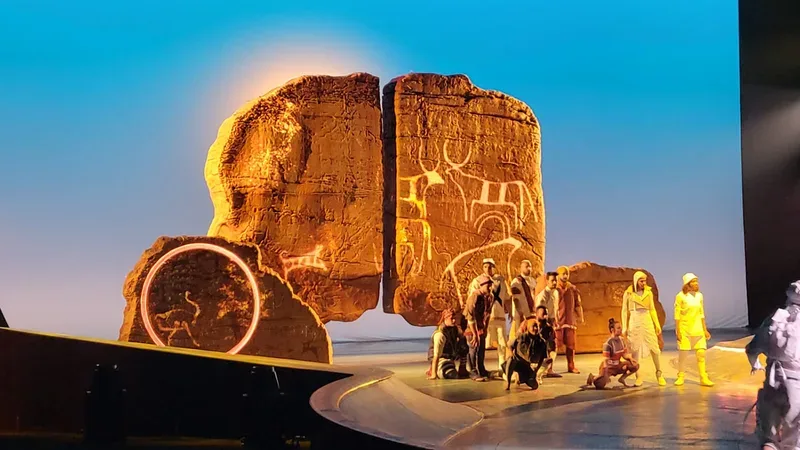 Cirque du Soleil Saudi National Day performance in Riyadh with large rock scenic pieces, projected heritage imagery and live performers