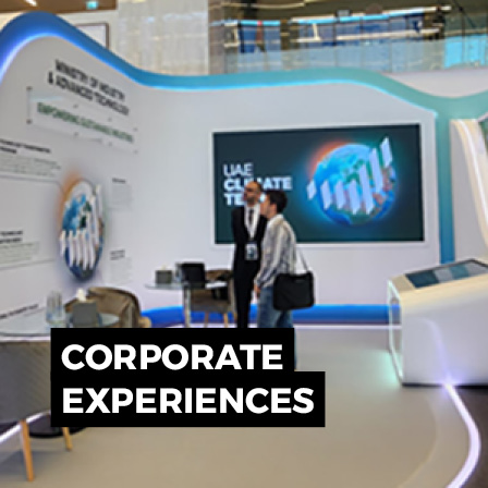 Corporate event experience with branded exhibition space, digital screen and guest engagement area
