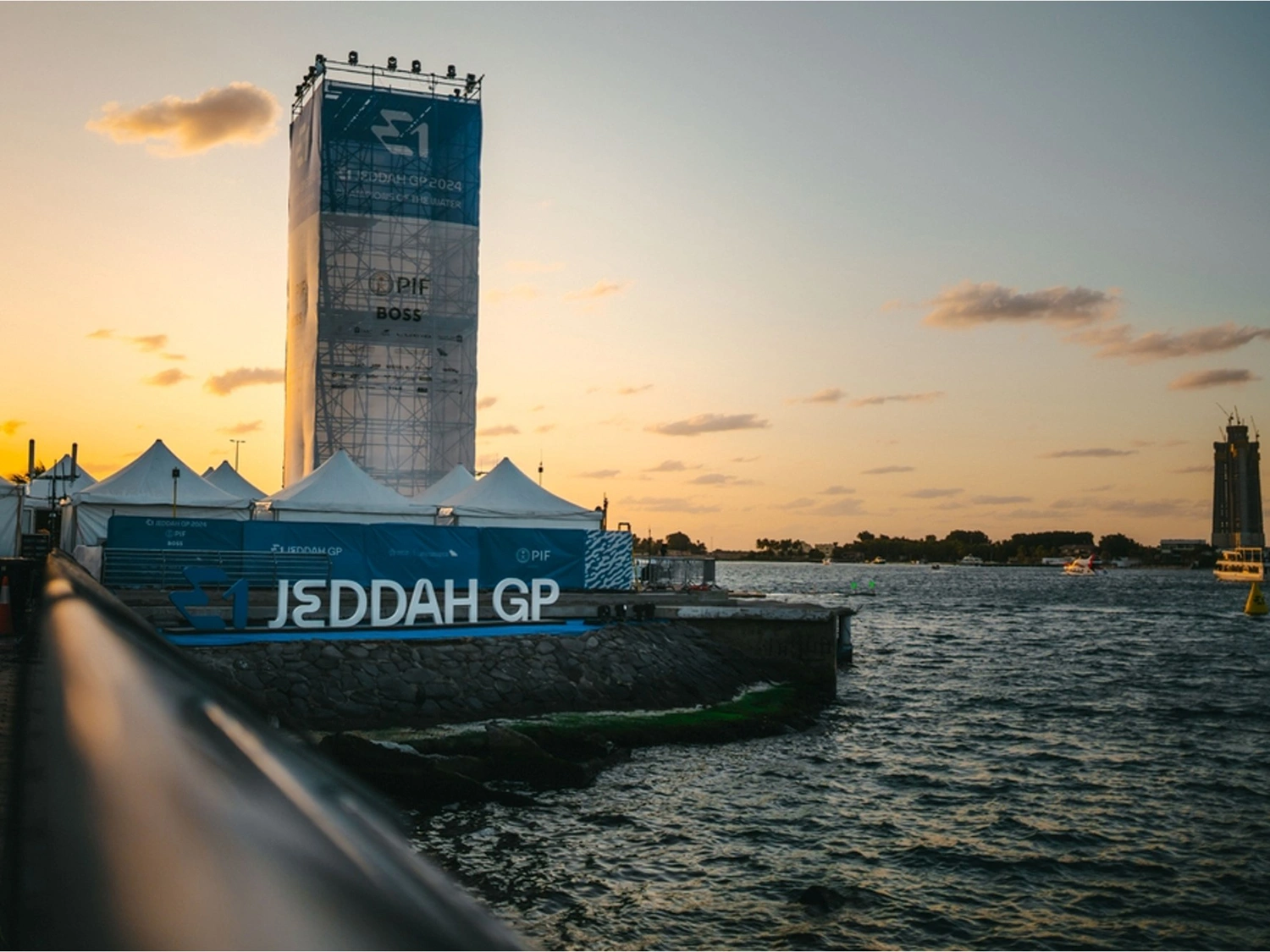 Jeddah E1 Grand Prix event site with temporary structures, branding and large-scale event infrastructure beside the waterfront
