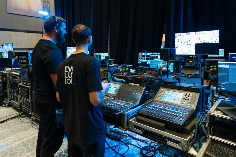 Evolution Technical team operating audio, video and show-control systems behind the scenes at ENACT Majlis in Abu Dhabi