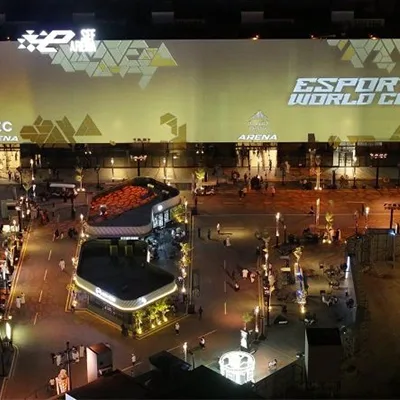 Esports World Cup 2025 venue in Riyadh at night with illuminated event zones, stages and visitor areas