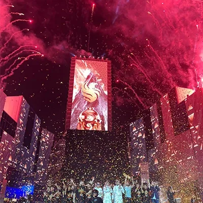 Esports World Cup 2025 celebration with fireworks, confetti and large central digital tower in Riyadh
