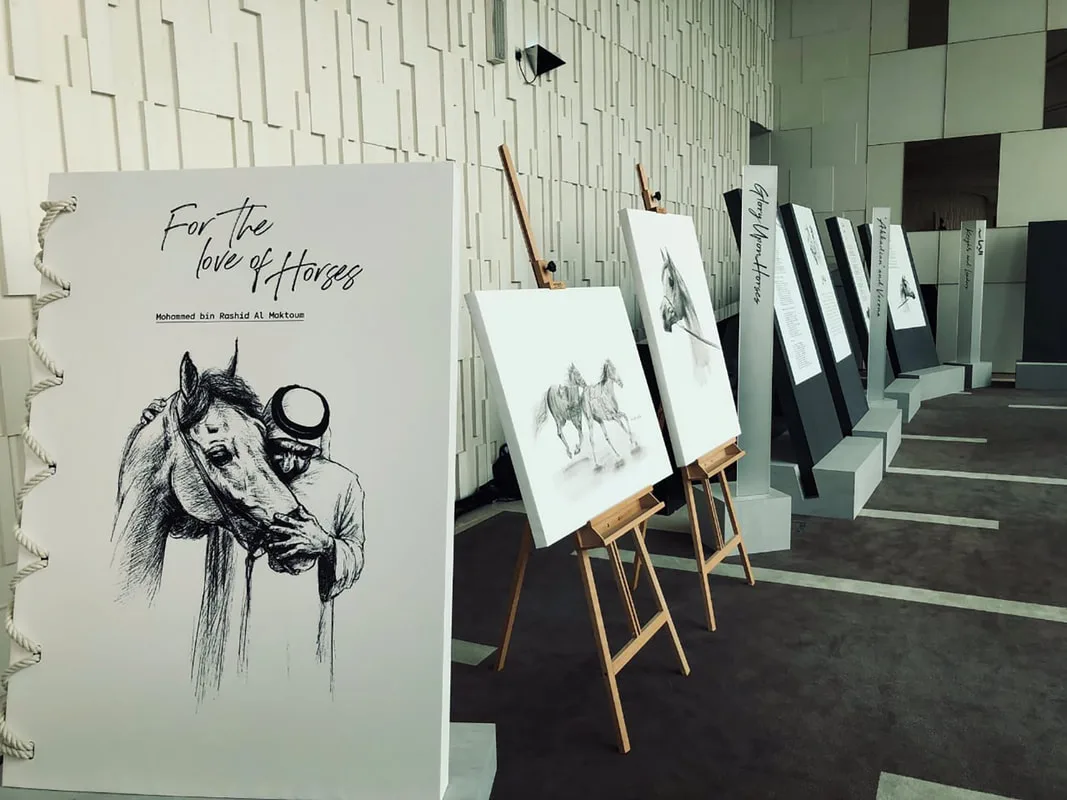 For the Love of Horses private event in Dubai with bespoke equestrian artwork and gallery-style scenic design