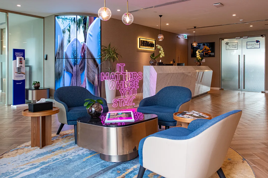 Hilton immersive brand experience in Dubai with custom event design, furniture and guest hospitality areas