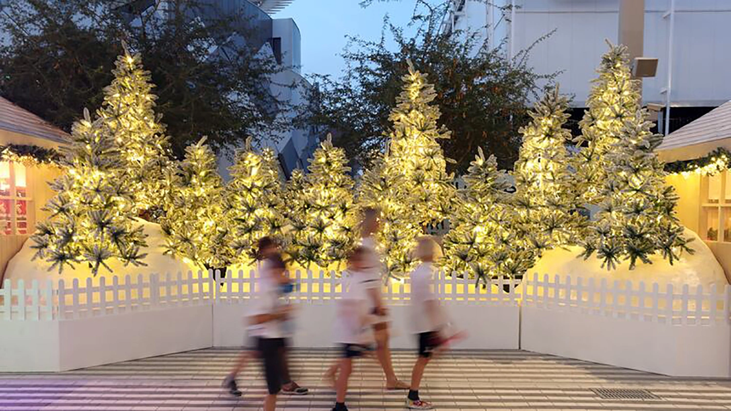 Illuminated Christmas tree installation at Expo 2020 Dubai with festive landscaping and visitor walkway