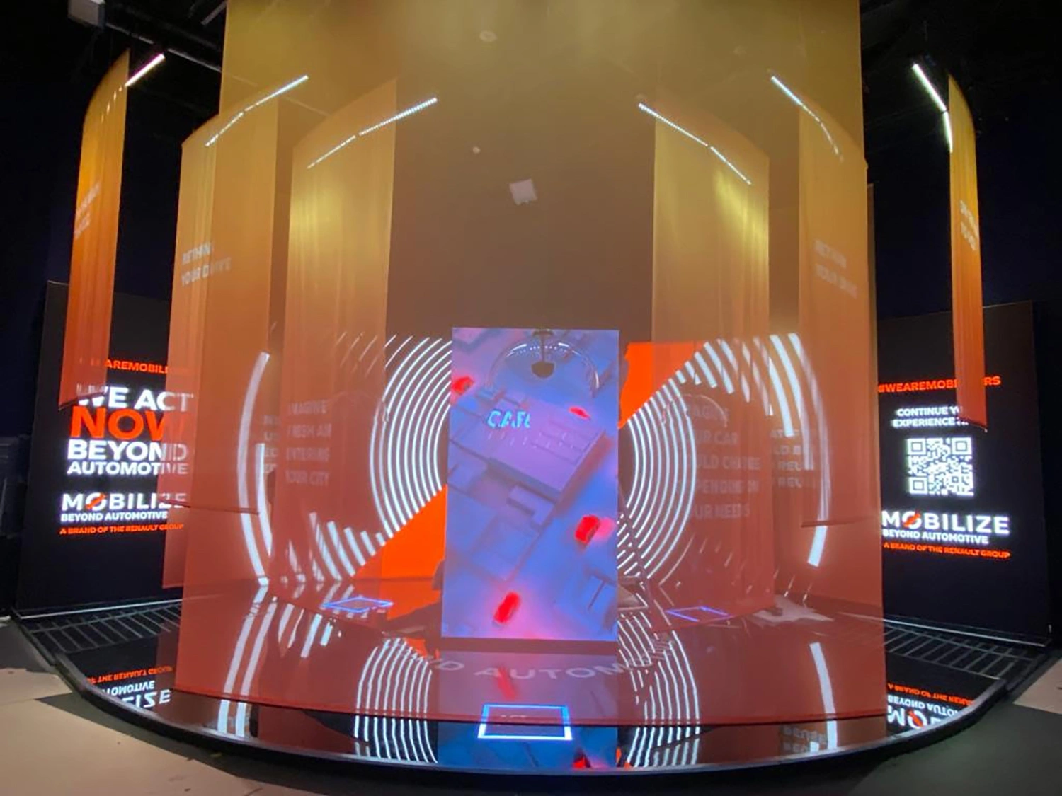 Immersive Renault exhibition installation at Expo 2020 Dubai with projection-mapped scenic panels, digital content and interactive automotive display