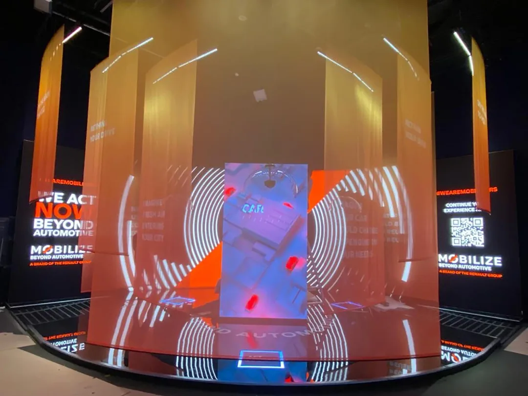 Immersive Renault exhibition installation at Expo 2020 Dubai with projection-mapped scenic panels, digital content and interactive automotive display