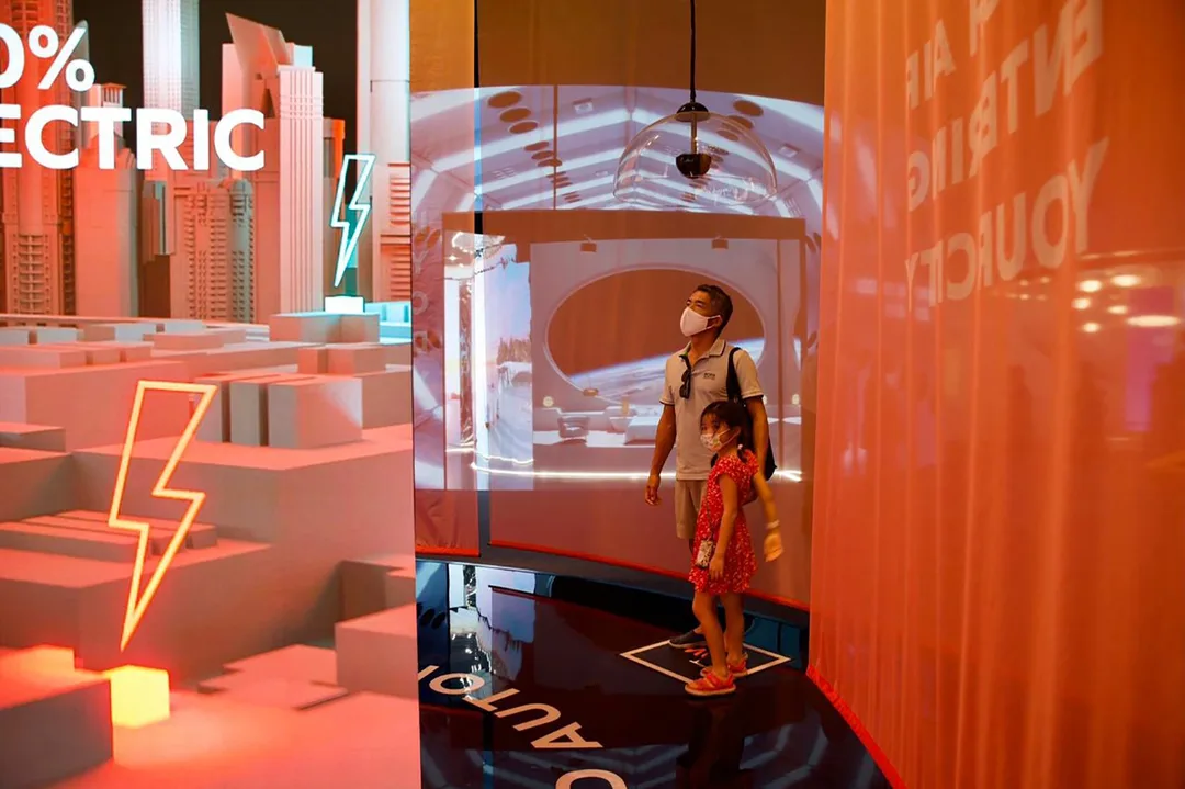 Renault electric mobility exhibit at the French Pavilion, Expo 2020 Dubai, with immersive projection, scenic display and visitor interaction