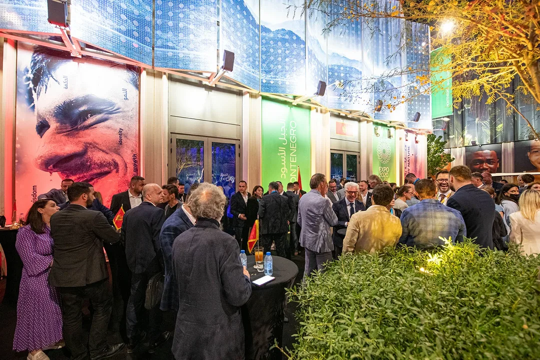 Montenegro Pavilion National Day evening reception at Expo 2020 Dubai with invited guests, hospitality and branded pavilion frontage