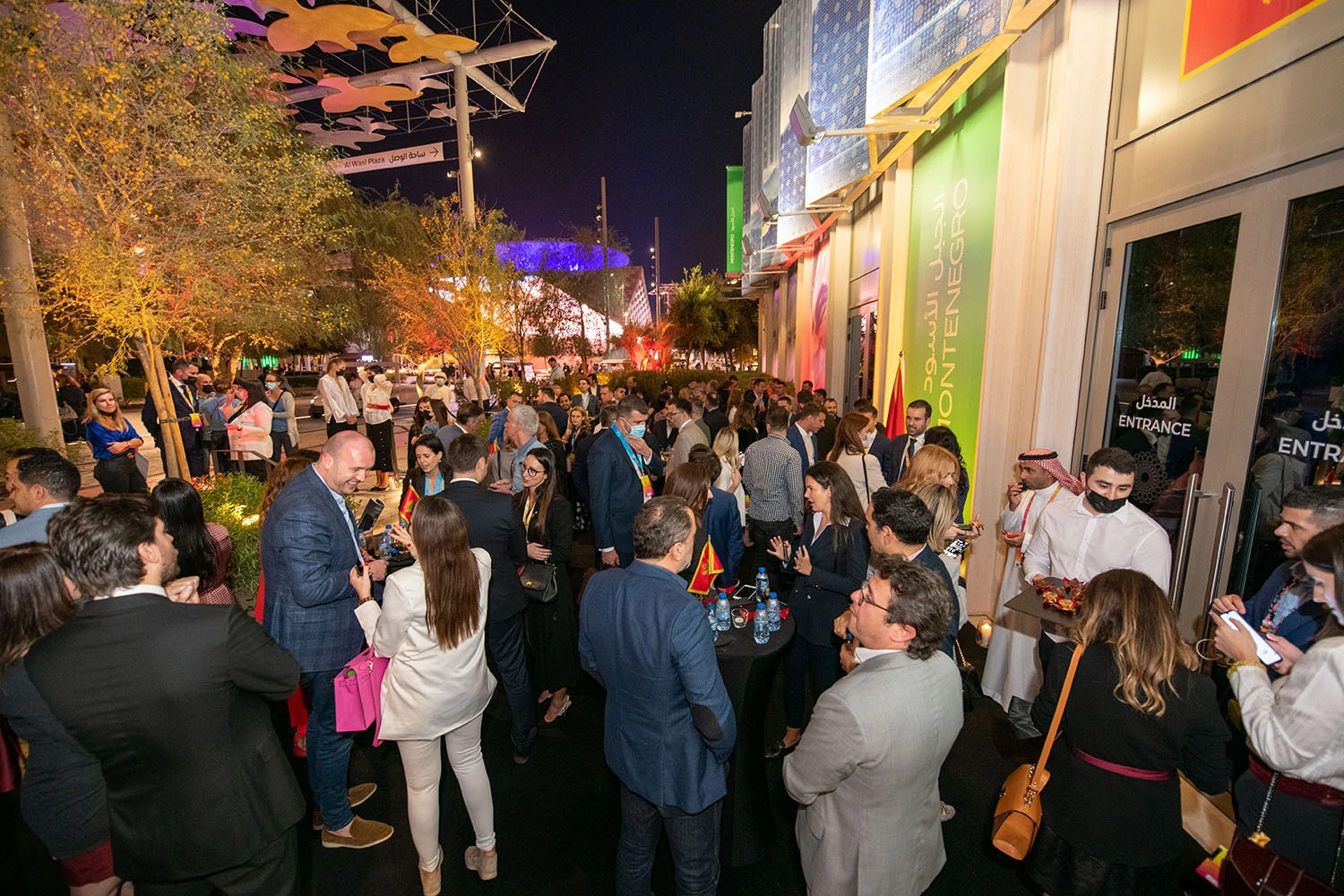 Montenegro Pavilion National Day reception at Expo 2020 Dubai with delegates networking outside the pavilion