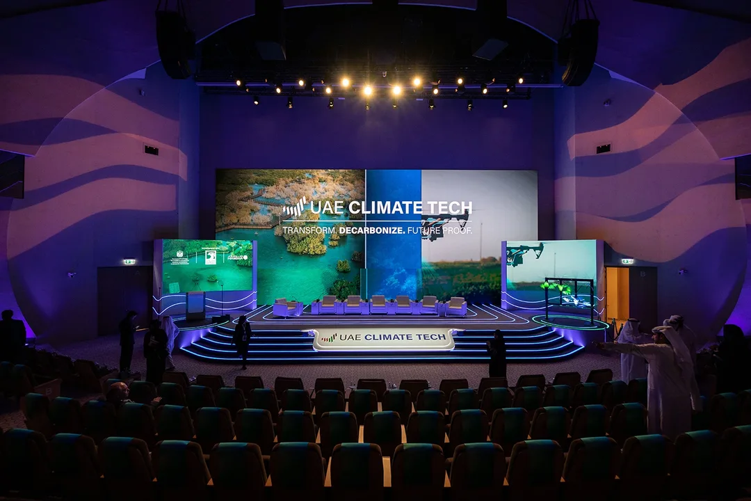 UAE Climate Tech conference in Abu Dhabi with large LED stage, speakers and professional event production