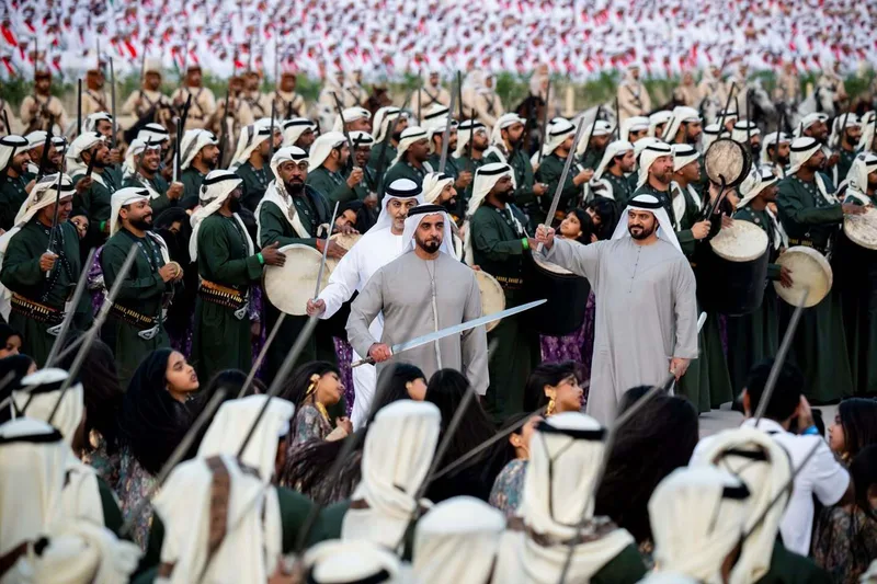 Union Parade 2025 cultural performance with drummers, UAE flags and large public audience in Abu Dhabi