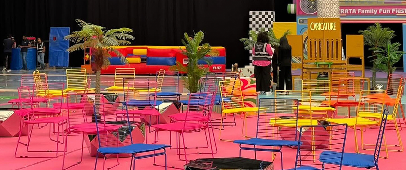 Evolution Furniture colourful lounge seating for Strata Team Building in Al Ain.