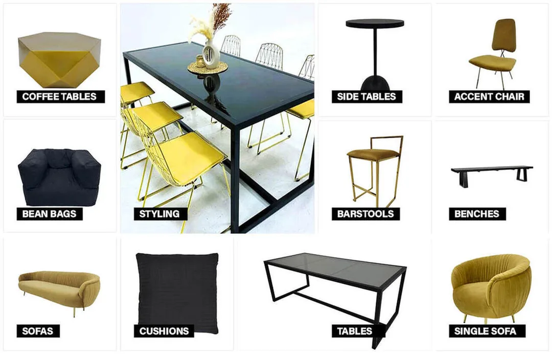 gold and black furniture collection moodboard featuring coordinated event furniture