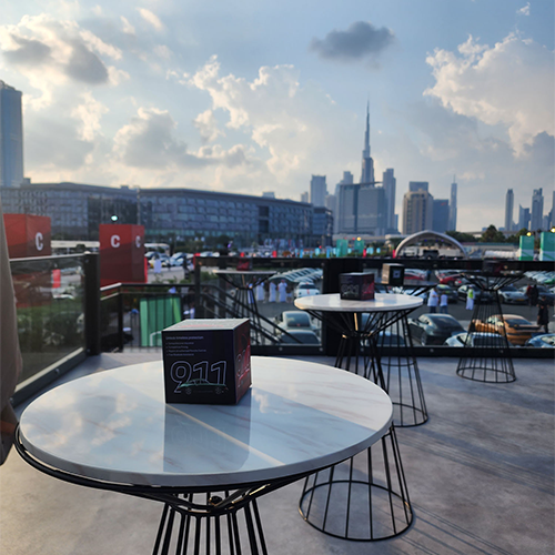 Temporary hospitality furniture creating relaxed breakout spaces across Dubai Design District.
