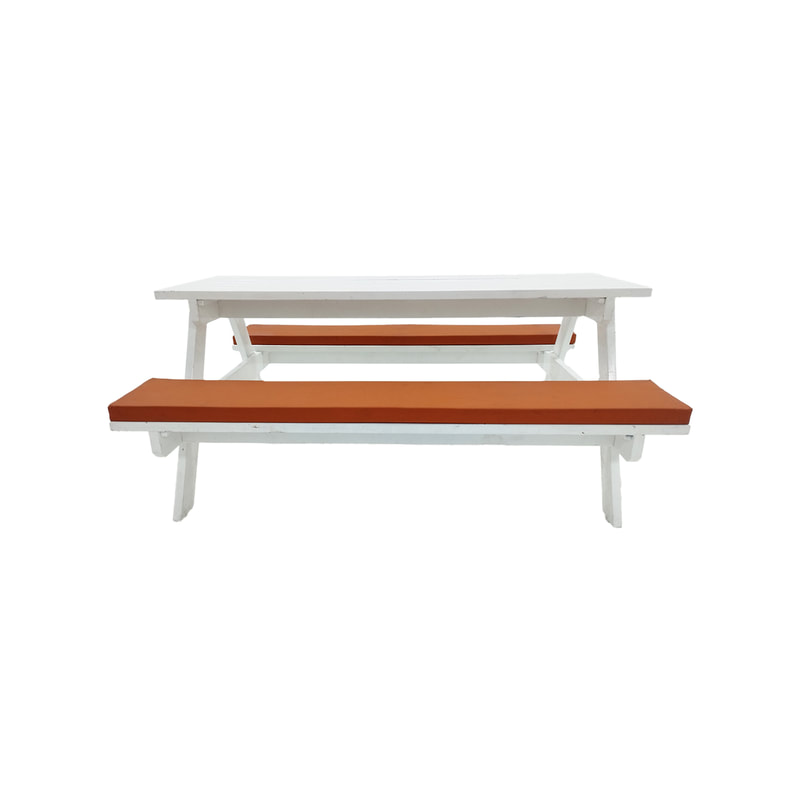 F-BK501-OR Type 1 Picnic bench in White. Seats 6-8 people with a combination of orange seat pads 