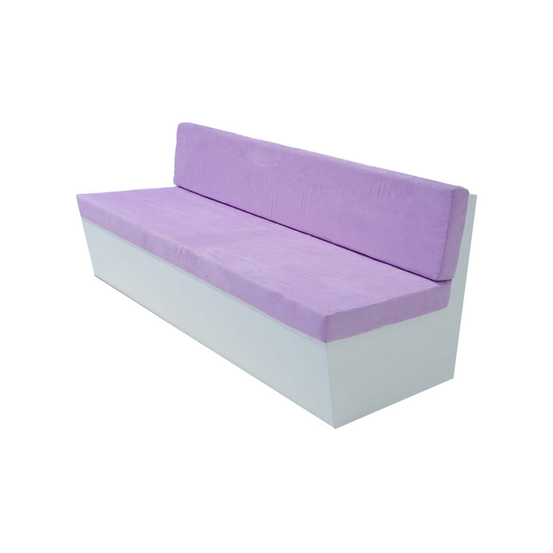F-SB105-LL three seater Hana bench sofa with white wooden base and lilac suede fabric cushions