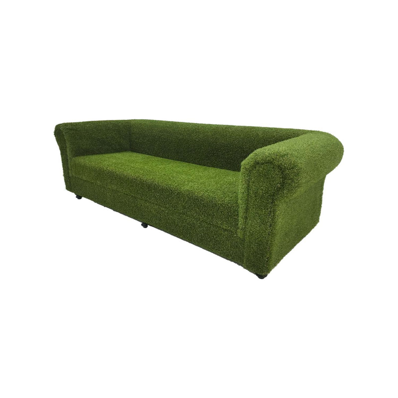 F-SF121-GS Eden three seater sofa finished in artificial grass with dark wooden feet