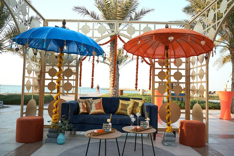 Outdoor lounge furniture arranged for an event in Ras Al Khaimah.