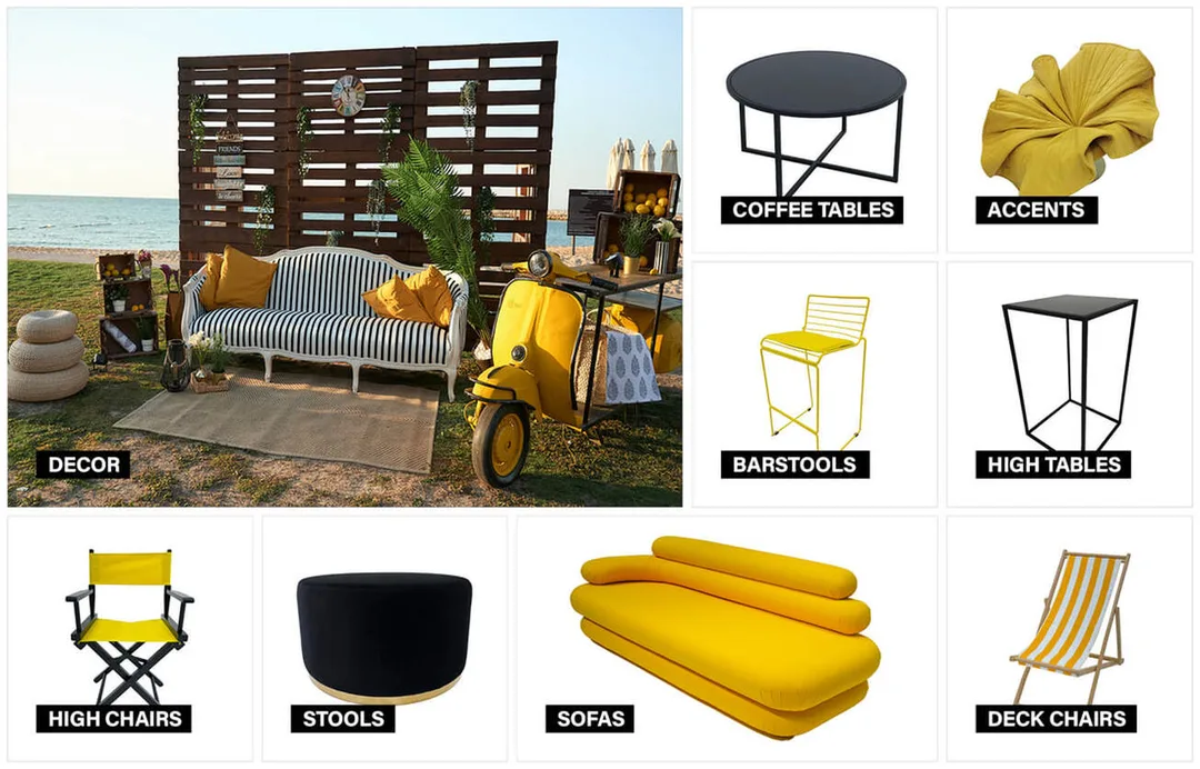 Black and yellow furniture collection moodboard featuring coordinated seating, tables and accessories