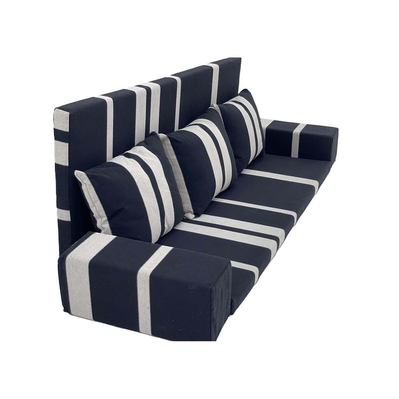 F-AK182-BW Type 2 Arabic seating set with base & back cushion, three pillows & armrests in black & white fabr