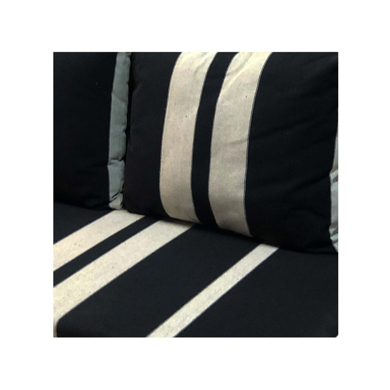 F-AK182-BW Type 2 Arabic seating set with base & back cushion, three pillows & armrests in black & white fabr