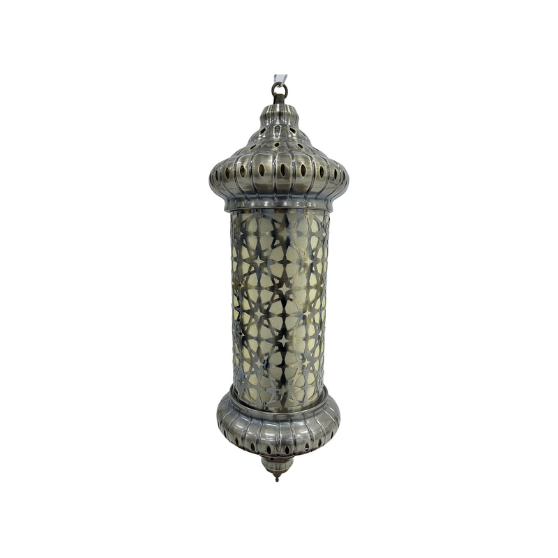 P-AL118-SI 58cm high silver hanging Arabic lantern with glass